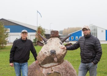 Märt ja Siim Riisenberg Kehtna Mõisa veiselautade taustal, mille ees seisab farmi töötaja loodud kivipull. Foto: Julia-Maria Linna