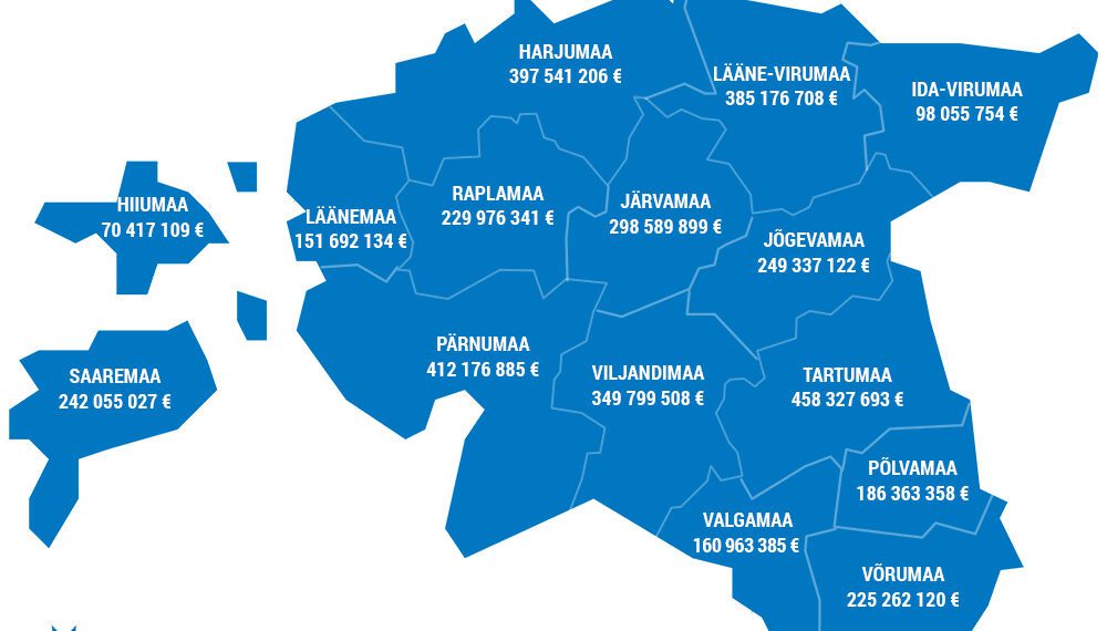 Joonis - 20 aasta jooksul makstud toetuste summad maakondade kaupa.PRIA loomisest on möödunud 20 aastat.