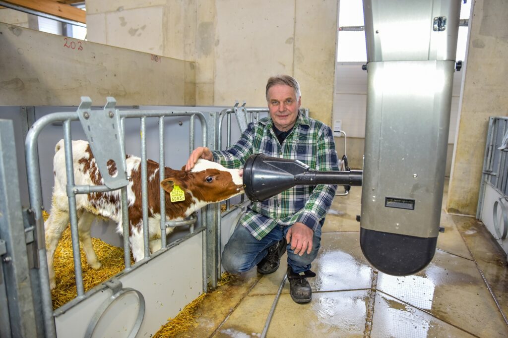 Tõnu Vreimann Kõpu PM OÜ vasikalaudas. Vasikateni jõuab piim roboti abil, mis ilmub nende ette süüa pakkuma viis korda päevas. Foto: Kenno Soo / Ekspress Meedia